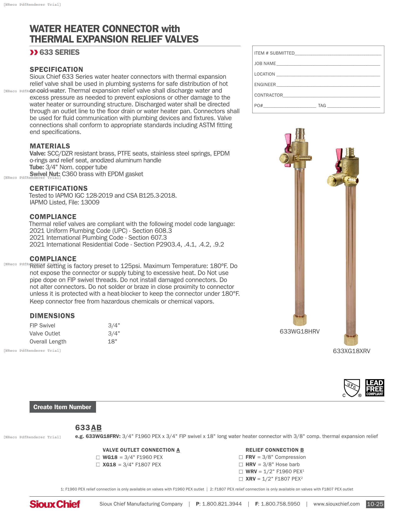 633 SERIES - THERMAL EXPANSION WATER HEATER CONNECTORS - SPEC SHEET.PDF Specification Document